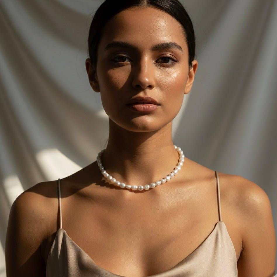 Woman wearing a pearl necklace against a neutral background