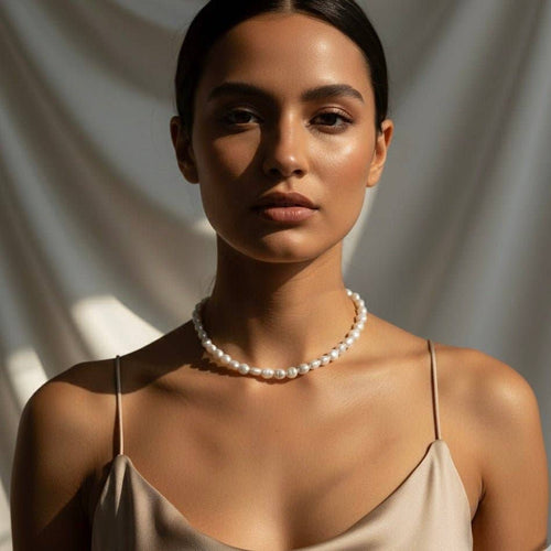 Woman wearing a pearl necklace against a neutral background