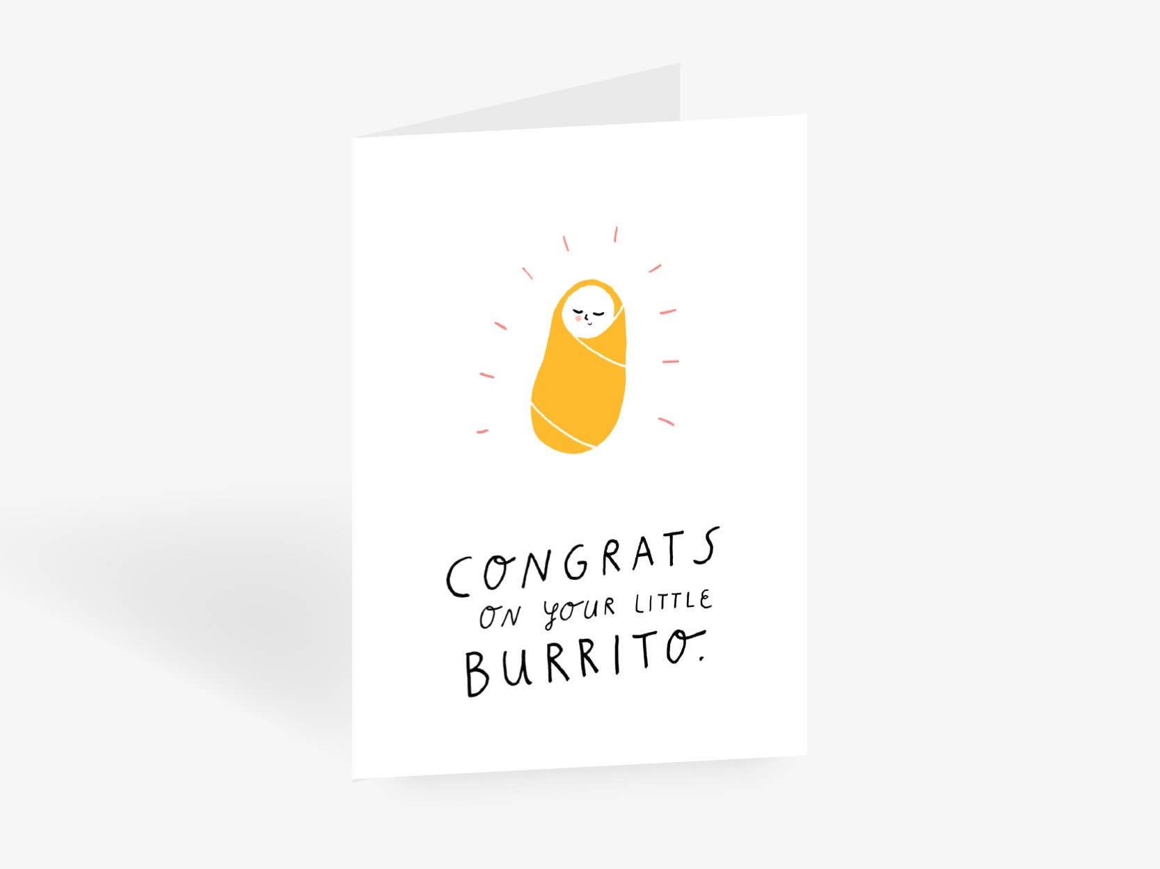 Greeting card with a yellow burrito illustration and text on a white background